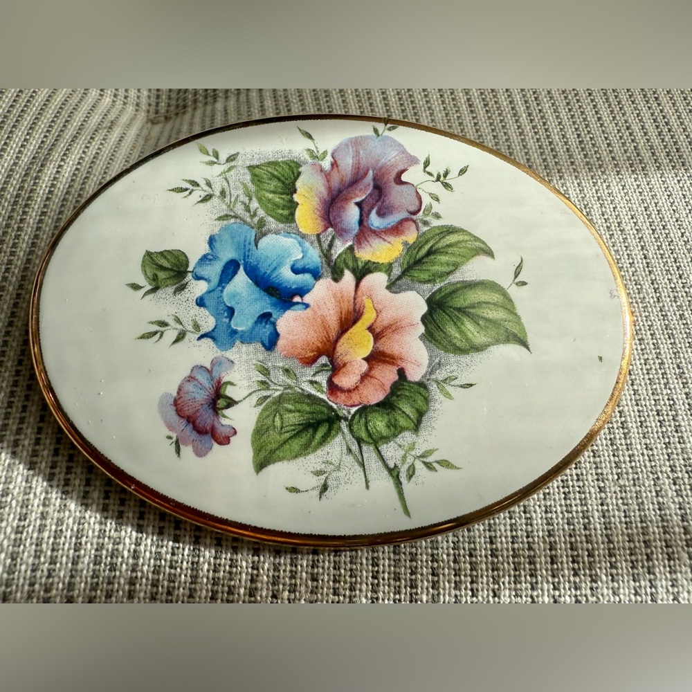 Extra Large Ceramic Floral Oval Ttansferwear Gold trim Vintage Brooch